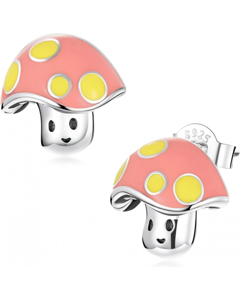 Cute Mushroom Stud Earrings - Sterling Silver Colorful Small Mushroom CZ Studs Ears Red Lovely Piercing Cartilage Earring Fas...