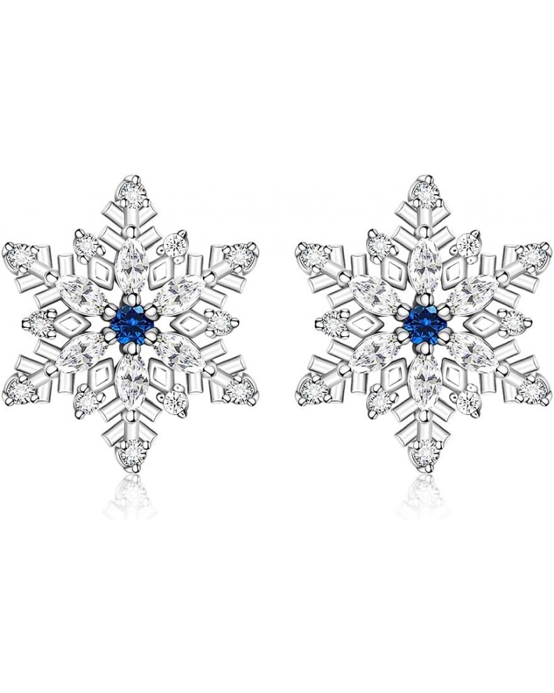 Snowflake Earrings Sterling Silver Christmas Hypoallergenic Stud Earrings for Women Sensitive Ears Blue CZ Winter Snow Flower...