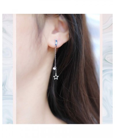 Dangling Star Ear Cuffs Clip On Earrings Sterling Silver for Women Girls Dianty Blue CZ Diamond Crystal Non Piercing Cartilag...