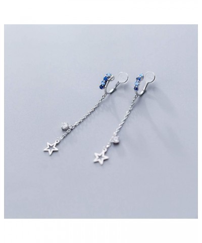 Dangling Star Ear Cuffs Clip On Earrings Sterling Silver for Women Girls Dianty Blue CZ Diamond Crystal Non Piercing Cartilag...