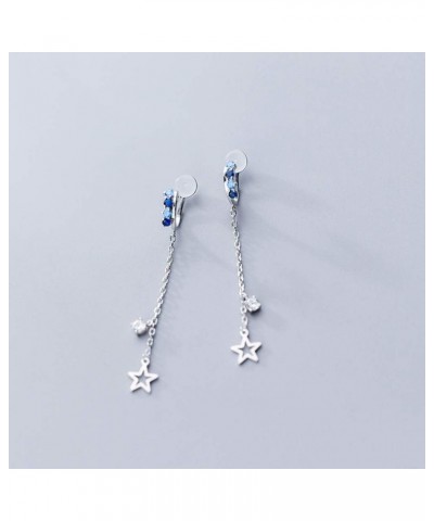 Dangling Star Ear Cuffs Clip On Earrings Sterling Silver for Women Girls Dianty Blue CZ Diamond Crystal Non Piercing Cartilag...