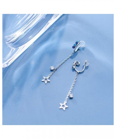 Dangling Star Ear Cuffs Clip On Earrings Sterling Silver for Women Girls Dianty Blue CZ Diamond Crystal Non Piercing Cartilag...