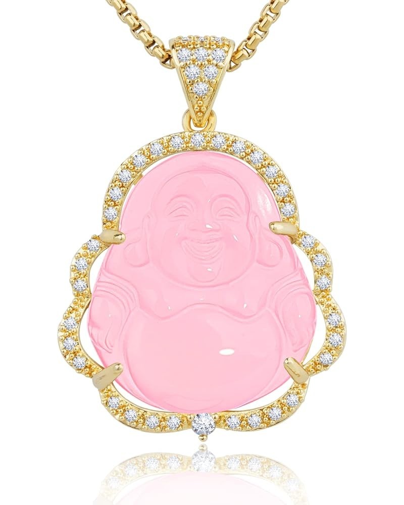 Buddha Necklace Jade Laughing Buddha Pendant with 14K Gold Plated Chain Cubic Zirconia Buddah Necklaces for Women Men Gold-Pi...