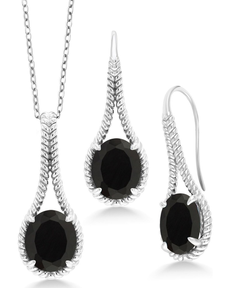 925 Sterling Silver Oval Black Onyx Pendant and Earrings Jewelry Set For Women (12.00 Cttw, Gemstone Birthstone, with 18 Inch...