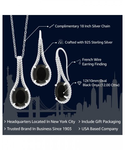 925 Sterling Silver Oval Black Onyx Pendant and Earrings Jewelry Set For Women (12.00 Cttw, Gemstone Birthstone, with 18 Inch...