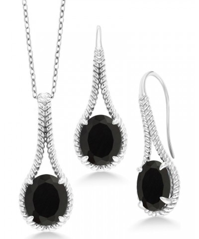 925 Sterling Silver Oval Black Onyx Pendant and Earrings Jewelry Set For Women (12.00 Cttw, Gemstone Birthstone, with 18 Inch...