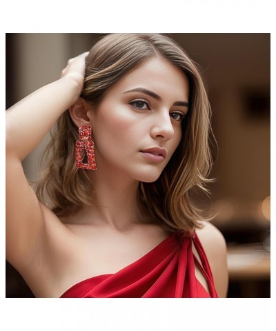 Rectangle Dangle Earrings for Women Girls, Rhinestone Crystal Geometric Statement Earrings Red $9.35 Earrings