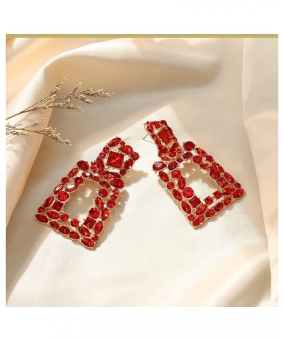 Rectangle Dangle Earrings for Women Girls, Rhinestone Crystal Geometric Statement Earrings Red $9.35 Earrings