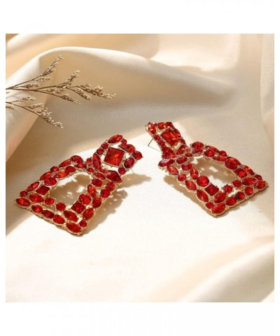 Rectangle Dangle Earrings for Women Girls, Rhinestone Crystal Geometric Statement Earrings Red $9.35 Earrings