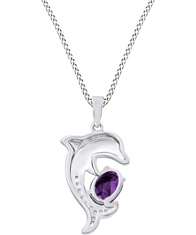 Simulated Birthstones & Cubic Zirconia Dolphin Pendant Necklace 14k White Gold Over Sterling Silver 18" Chain Simulated Ameth...