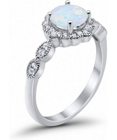 Halo Floral Art Deco Wedding Engagement Ring Round Cubic Zirconia 925 Sterling Silver Lab White Opal $19.24 Rings