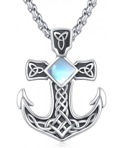 Anchor Necklace for Men, 925 Sterling Silver Celtic Knot Anchor Pendant Moonstone/Opal/Turquoise/Malachite Gemstone Anchor Je...