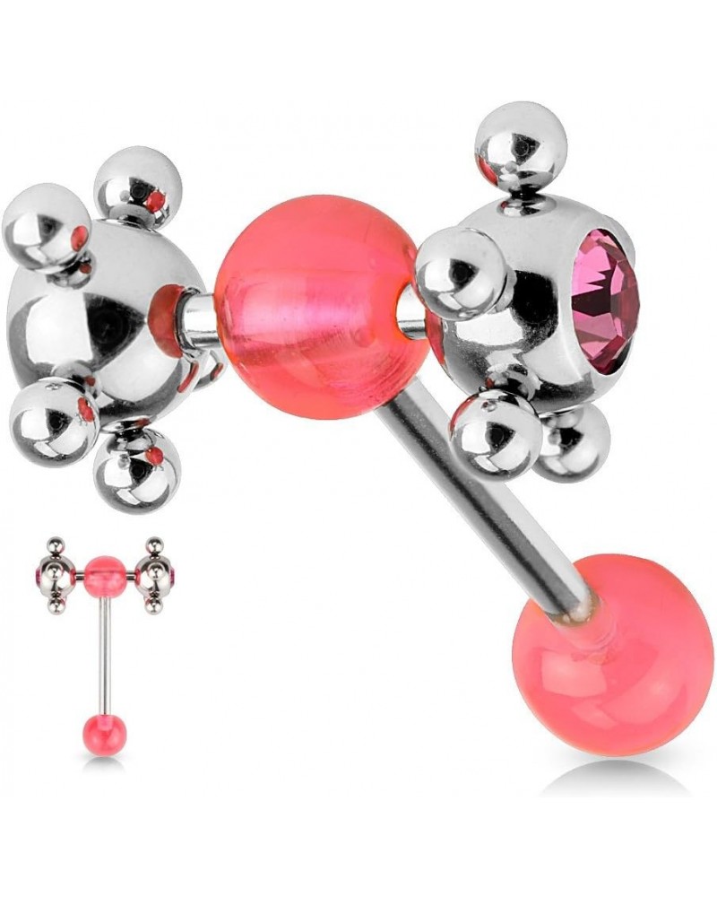 Barbell Acrylic Ball & Clear Gem Set Multi Steel Ball Pink $9.50 Body Jewelry