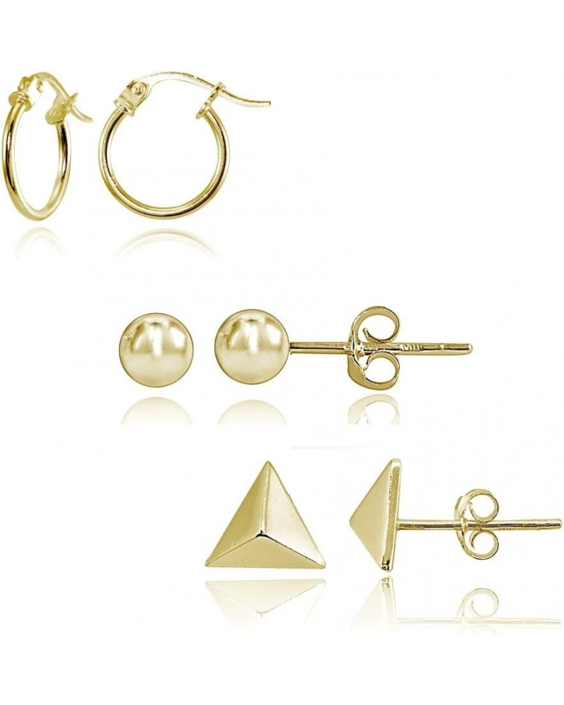 3 Pairs Sterling Silver 12mm Tiny Click-Top Hoops, 4mm Ball Bead & Small Pyramid Stud Earrings Set Yellow Gold Flash Silver $...