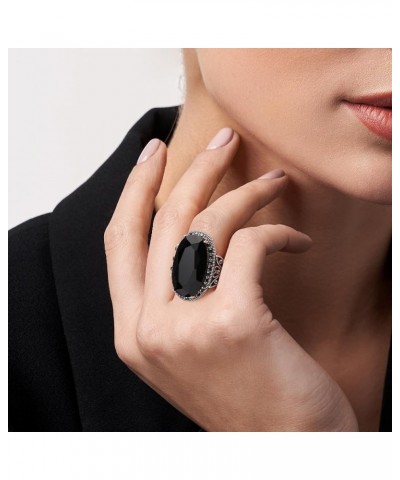 Retro Vintage Cocktail Statement Ring Black Marcasite & Crystal Rings for Women Girls Antique Silver Big Black Onyx Stone Rin...