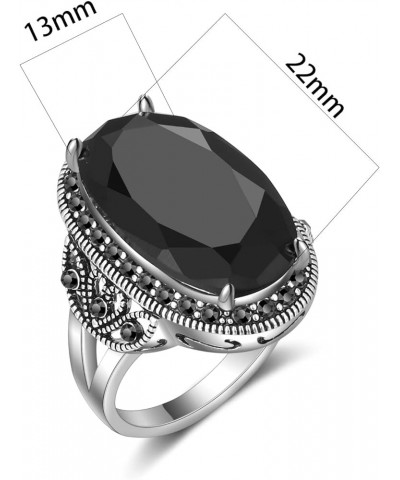 Retro Vintage Cocktail Statement Ring Black Marcasite & Crystal Rings for Women Girls Antique Silver Big Black Onyx Stone Rin...