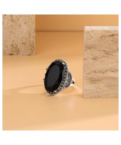 Retro Vintage Cocktail Statement Ring Black Marcasite & Crystal Rings for Women Girls Antique Silver Big Black Onyx Stone Rin...