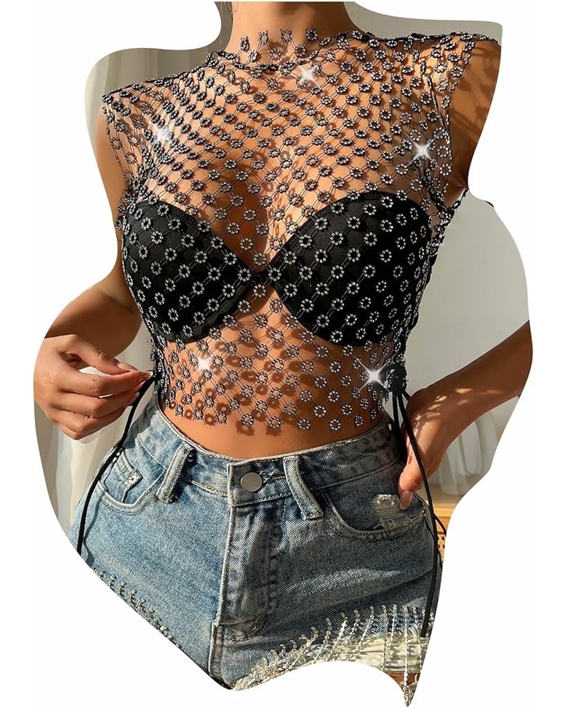 Women Mesh Body Chains Rhinestone Sleeve Crystal See Through Fishnet BikiniCrop Top suit for daily or night club jewelry Hua-...