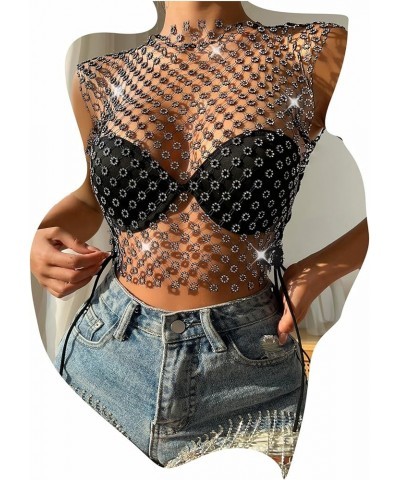 Women Mesh Body Chains Rhinestone Sleeve Crystal See Through Fishnet BikiniCrop Top suit for daily or night club jewelry Hua-...