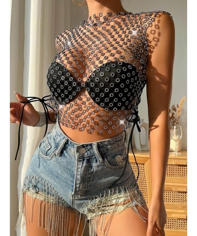 Women Mesh Body Chains Rhinestone Sleeve Crystal See Through Fishnet BikiniCrop Top suit for daily or night club jewelry Hua-...