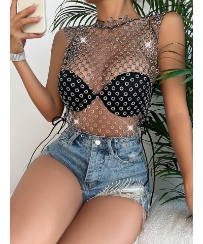 Women Mesh Body Chains Rhinestone Sleeve Crystal See Through Fishnet BikiniCrop Top suit for daily or night club jewelry Hua-...