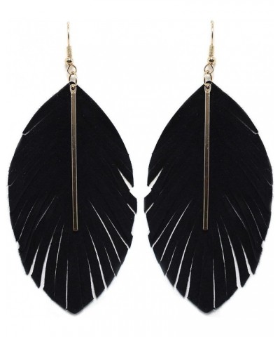 Lightweight Genuine Soft Leather Fringe Leaf with Simple Drop Metal Bar Dangle Earring for Women and Girls BLACK $5.69 Earrings