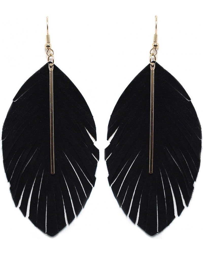 Lightweight Genuine Soft Leather Fringe Leaf with Simple Drop Metal Bar Dangle Earring for Women and Girls BLACK $5.69 Earrings