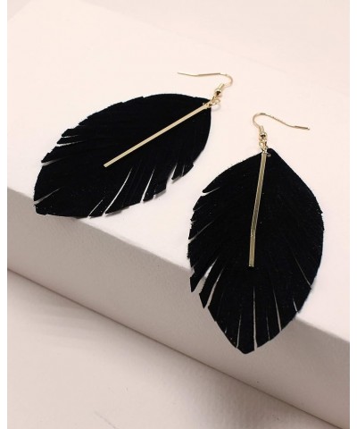 Lightweight Genuine Soft Leather Fringe Leaf with Simple Drop Metal Bar Dangle Earring for Women and Girls BLACK $5.69 Earrings