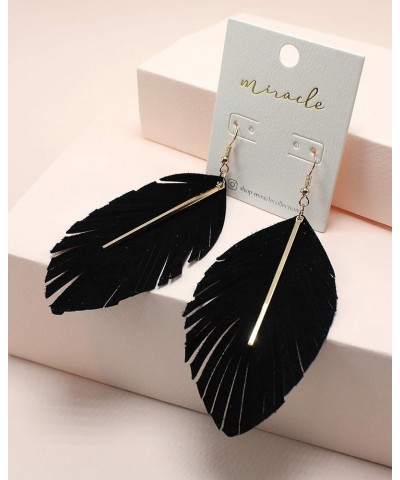 Lightweight Genuine Soft Leather Fringe Leaf with Simple Drop Metal Bar Dangle Earring for Women and Girls BLACK $5.69 Earrings