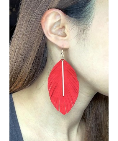 Lightweight Genuine Soft Leather Fringe Leaf with Simple Drop Metal Bar Dangle Earring for Women and Girls BLACK $5.69 Earrings