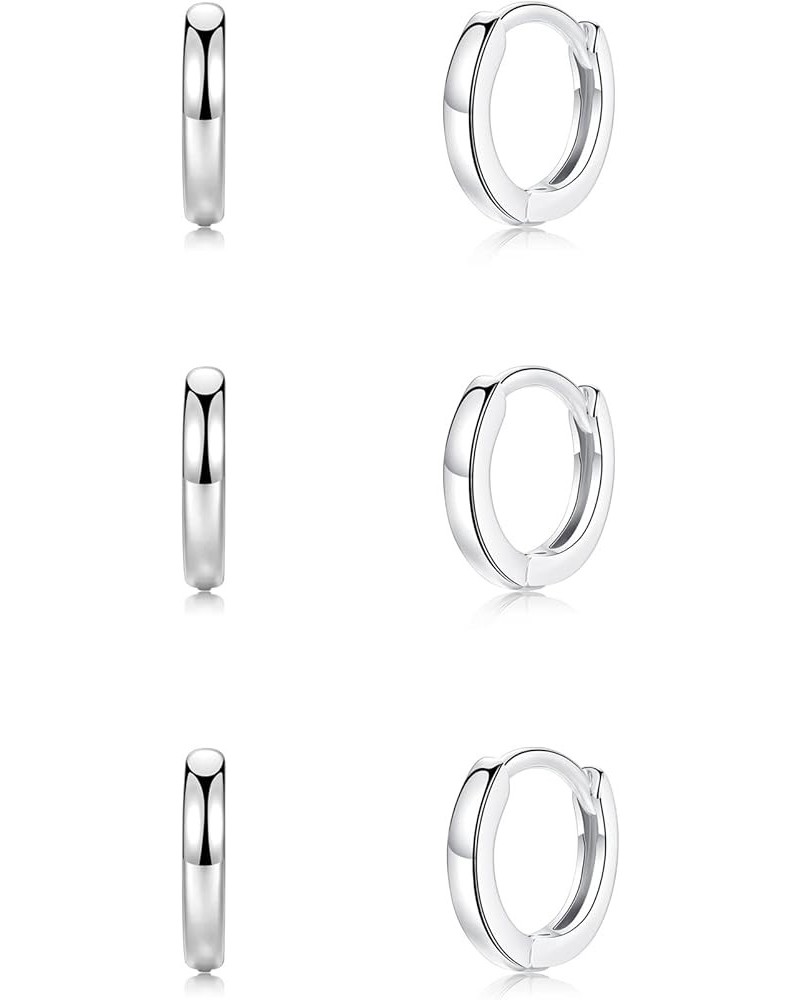 Small Cartilage Hoop Earrings for Women Men Girls, 3 Pairs Hypoallergenic Sterling Silver Post Huggie Earrings, 8/10/12mm, Si...