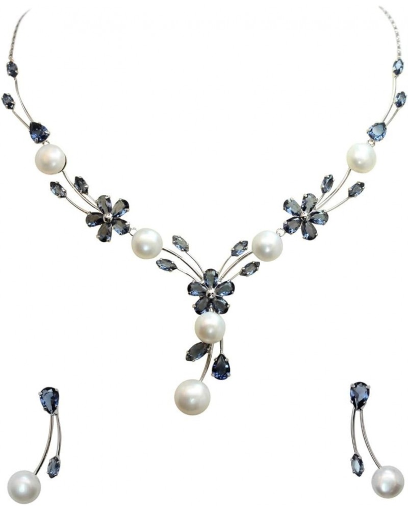 Gorgeous CZ Crystal Genuine Freshwater Pearls Floral Necklace Earrings Set Navy Blue $26.39 Jewelry Sets