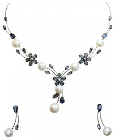 Gorgeous CZ Crystal Genuine Freshwater Pearls Floral Necklace Earrings Set Navy Blue $26.39 Jewelry Sets