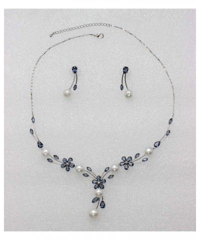 Gorgeous CZ Crystal Genuine Freshwater Pearls Floral Necklace Earrings Set Navy Blue $26.39 Jewelry Sets