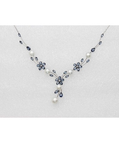 Gorgeous CZ Crystal Genuine Freshwater Pearls Floral Necklace Earrings Set Navy Blue $26.39 Jewelry Sets