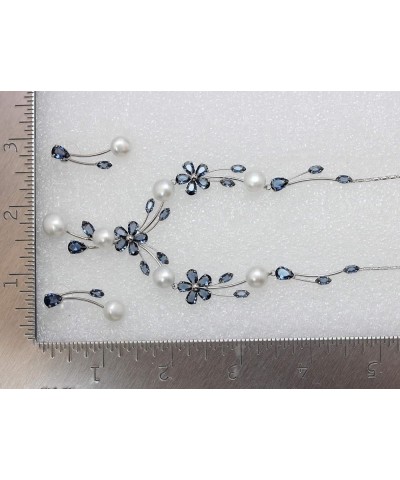 Gorgeous CZ Crystal Genuine Freshwater Pearls Floral Necklace Earrings Set Navy Blue $26.39 Jewelry Sets