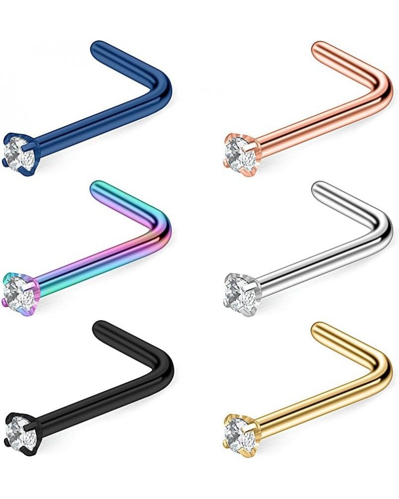 6PCS 22G Surgical Steel Mix Color Diamond CZ Nose Stud Rings L Shaped Piercing Jewelry 1.5mm 2mm 2.5mm 3mm 6PCS - 1.5mm Clear...