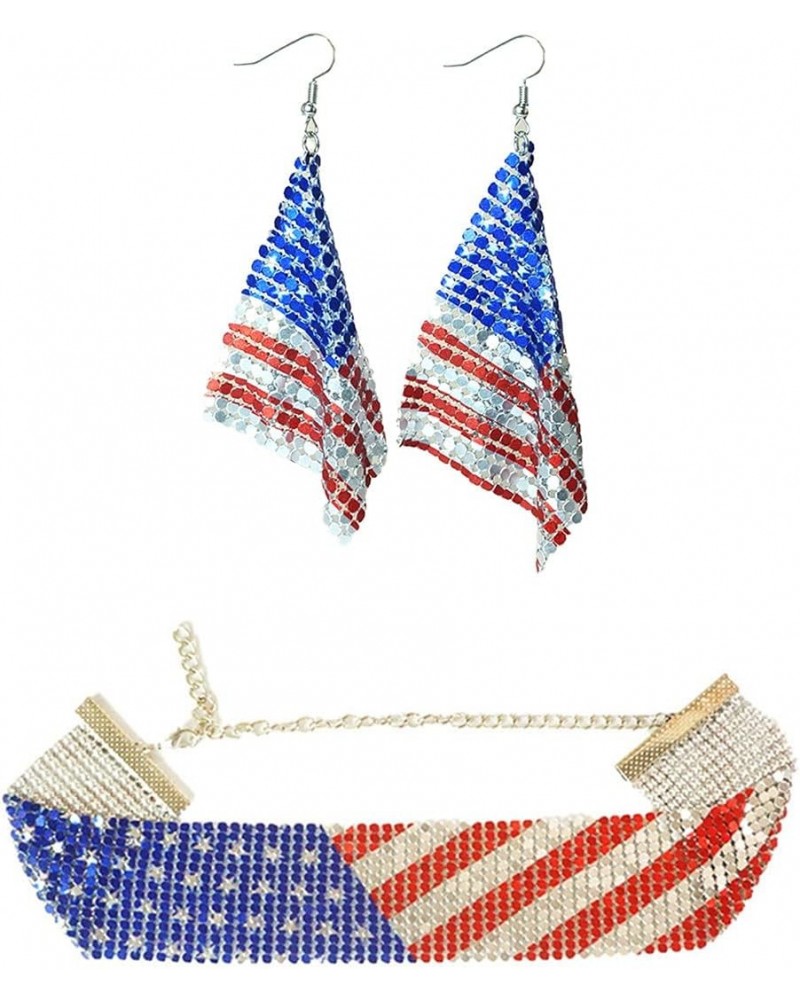 4th of July American Flag Dangle Earrings Red White Blue Choker Necklace Set Independence Day Daily Wear Jewelry Patriotic St...