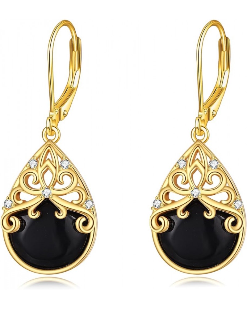 Black Onyx Earrings Sterling Silver 18K Yellow Gold Plated Filigree Boho Dangle Earrings Jewelry Gifts for Women Girls Black ...