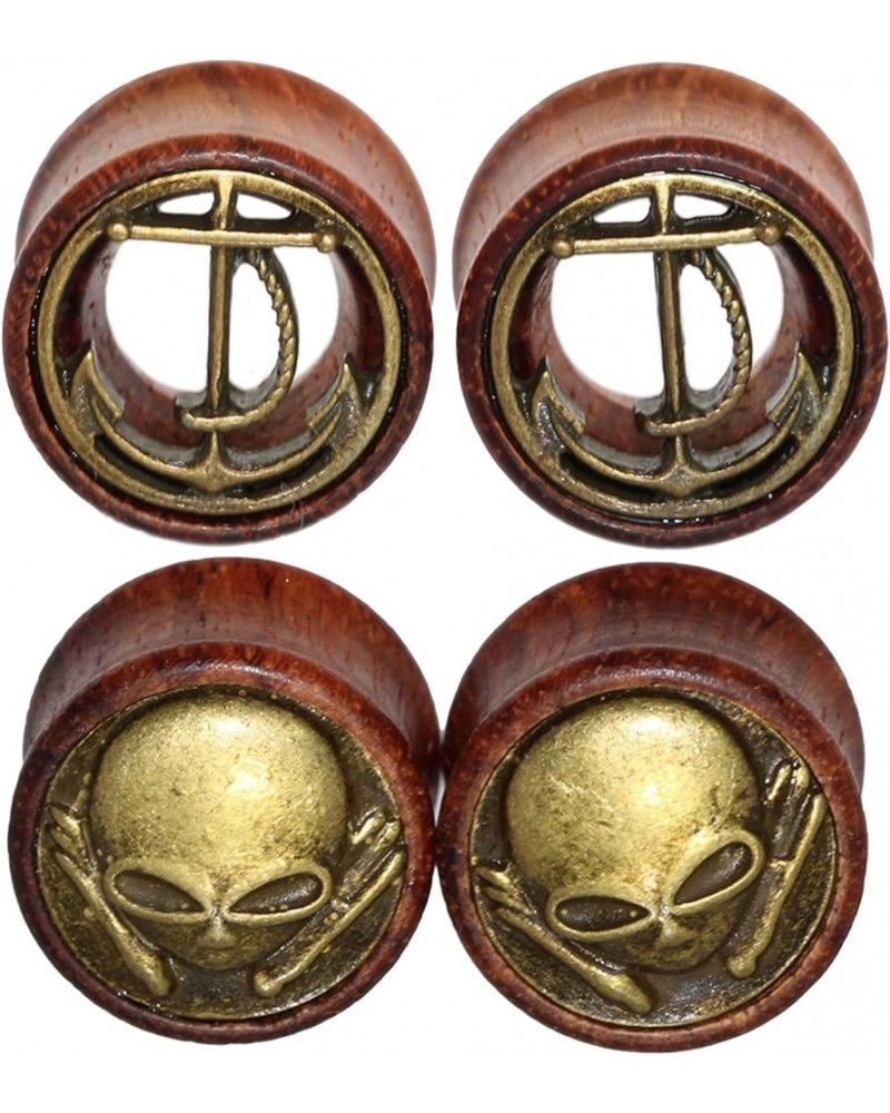 2 Pairs Alien Skull,Anchor Wood Flesh Tunnels Double Flare Ear Stretcher Plugs Gauge 8-20mm 14mm(9/16") $9.46 Body Jewelry