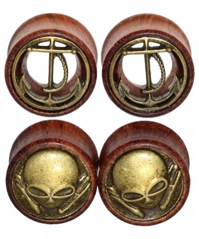 2 Pairs Alien Skull,Anchor Wood Flesh Tunnels Double Flare Ear Stretcher Plugs Gauge 8-20mm 14mm(9/16") $9.46 Body Jewelry