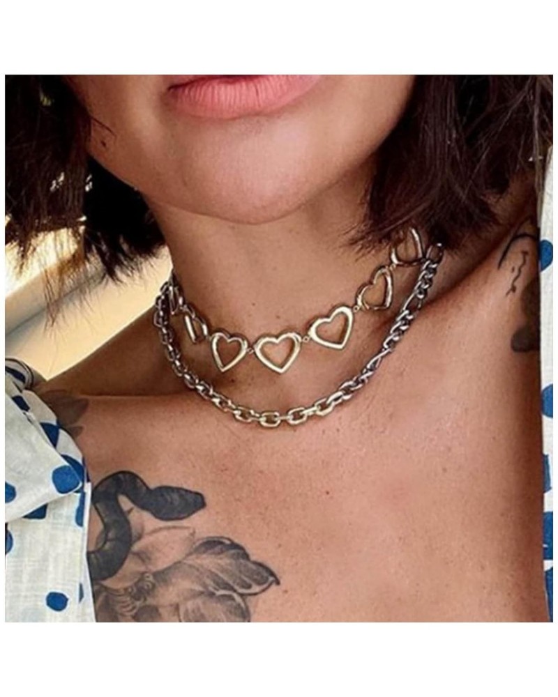 Vintage Layered Love Heart Necklace Chain Hollow Heart Choker Necklace Silver Paperclip Chain Necklace Retro Thick Chain Neck...