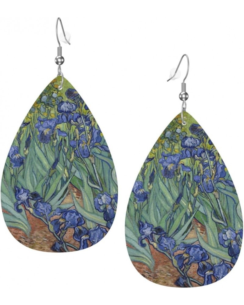 Faux Leather Lightweight Teardrop Dangle Earrings For Women Van Gogh Iris Flower $7.14 Earrings