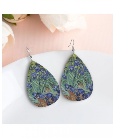 Faux Leather Lightweight Teardrop Dangle Earrings For Women Van Gogh Iris Flower $7.14 Earrings