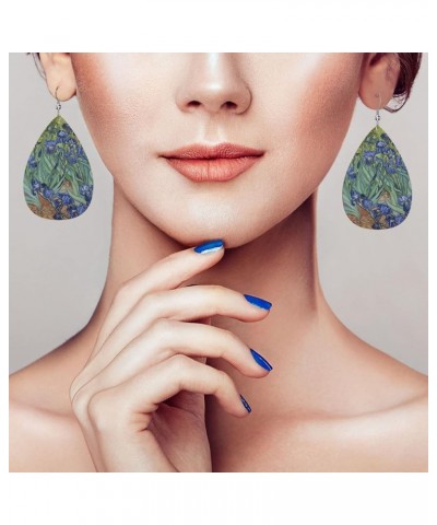 Faux Leather Lightweight Teardrop Dangle Earrings For Women Van Gogh Iris Flower $7.14 Earrings