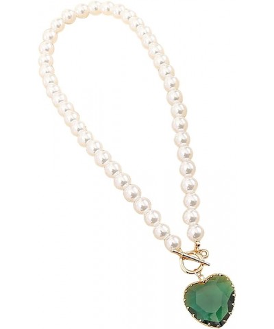 Heart Crystal Necklaces for Lady Pearls Gem Stones Pendant Necklaces Trendy Chain Necklace Gifts Jewelry (Green, One Size) Gr...