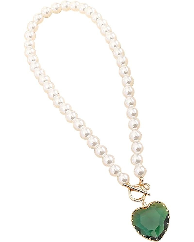 Heart Crystal Necklaces for Lady Pearls Gem Stones Pendant Necklaces Trendy Chain Necklace Gifts Jewelry (Green, One Size) Gr...