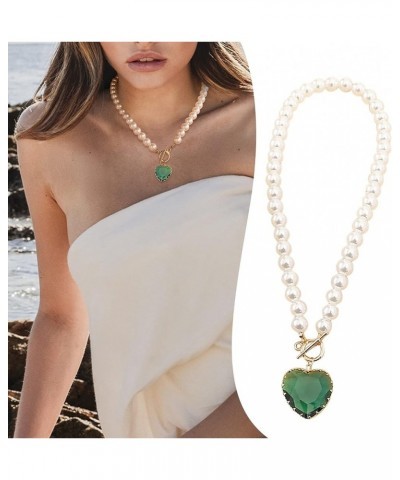 Heart Crystal Necklaces for Lady Pearls Gem Stones Pendant Necklaces Trendy Chain Necklace Gifts Jewelry (Green, One Size) Gr...