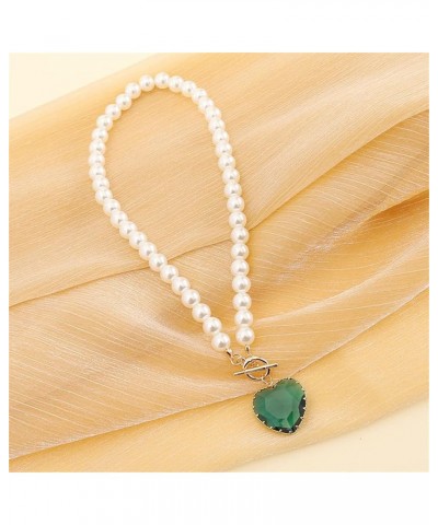 Heart Crystal Necklaces for Lady Pearls Gem Stones Pendant Necklaces Trendy Chain Necklace Gifts Jewelry (Green, One Size) Gr...