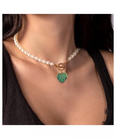 Heart Crystal Necklaces for Lady Pearls Gem Stones Pendant Necklaces Trendy Chain Necklace Gifts Jewelry (Green, One Size) Gr...